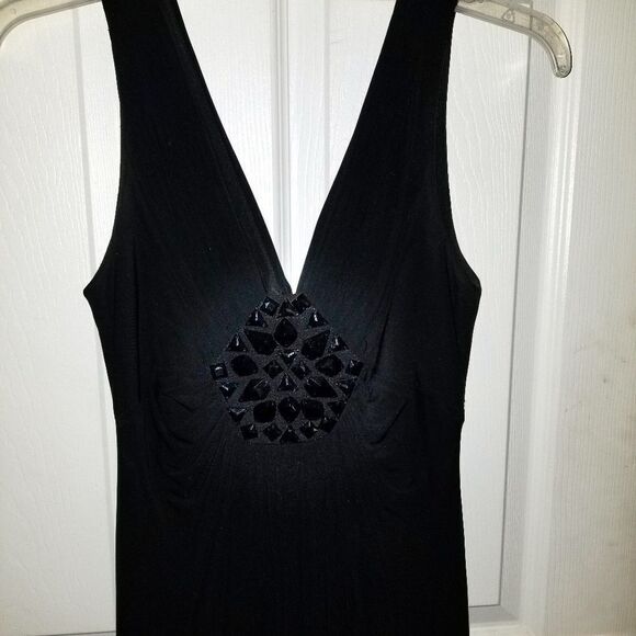 JERSEY KNIT MAXI DRESS W/ JET BEADED EMBELLISHMENT - Picture 1 of 7